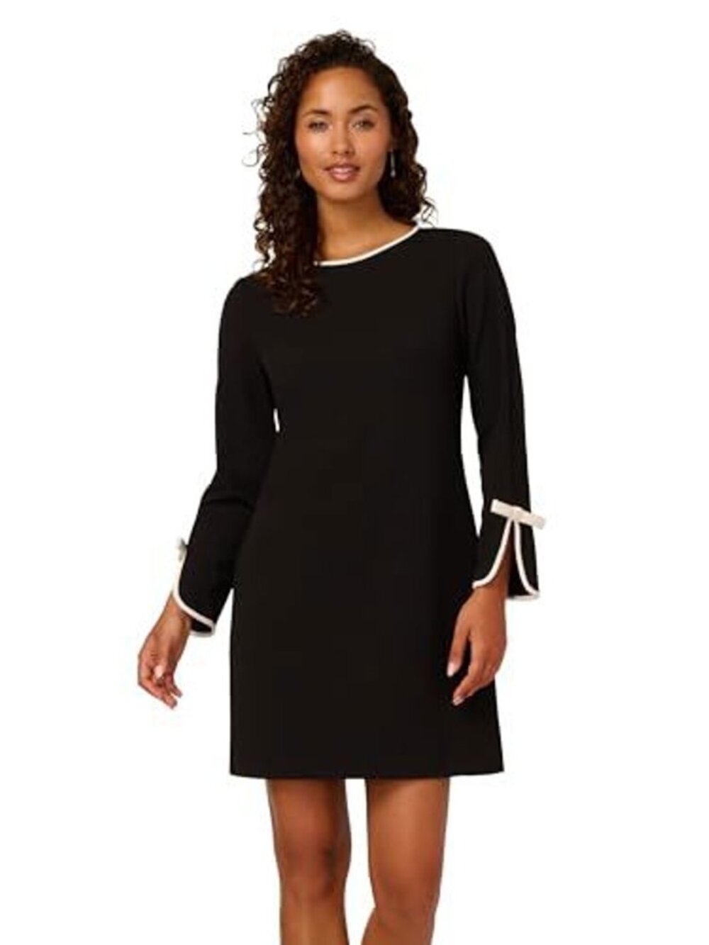 Black Long-Sleeve Shift Dress with Contrast Trim